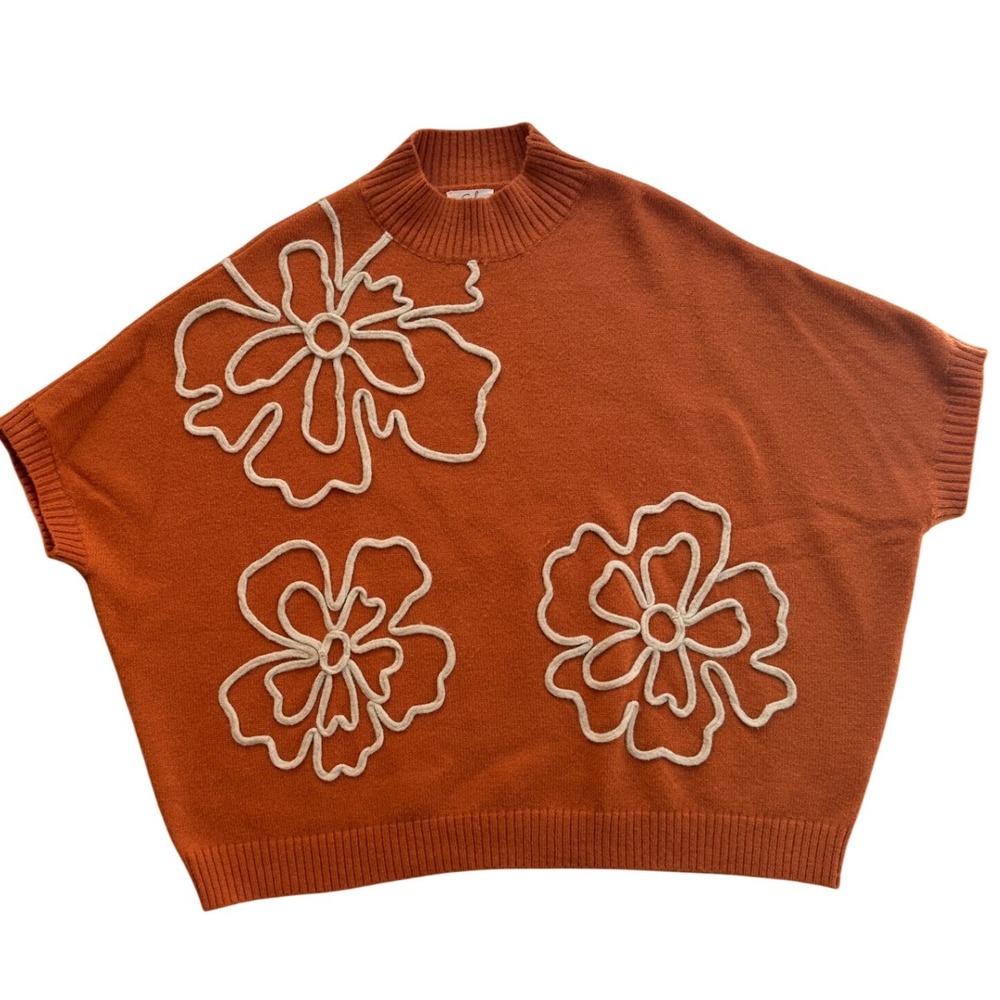 Easel Floral Knit Sweater Vest Women Medium Orange Mock Neck Oversized Excellent